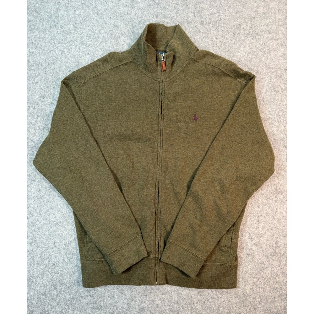Polo Ralph Lauren Mens Full Zip Cotton Sweater Olive Green Mock Neck Large